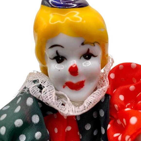 Vintage Clown Figurines Porcelain Head Hands Shoes Set Of 2 Bendable Polka Dot - Picture 2 of 10